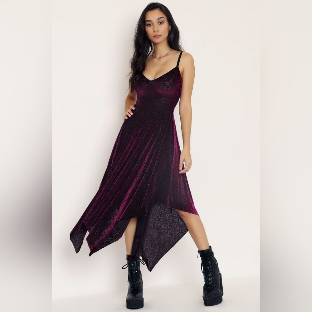 Blackmilk Burned Velvet Plum Strawberry Thief Handkerchief Dress